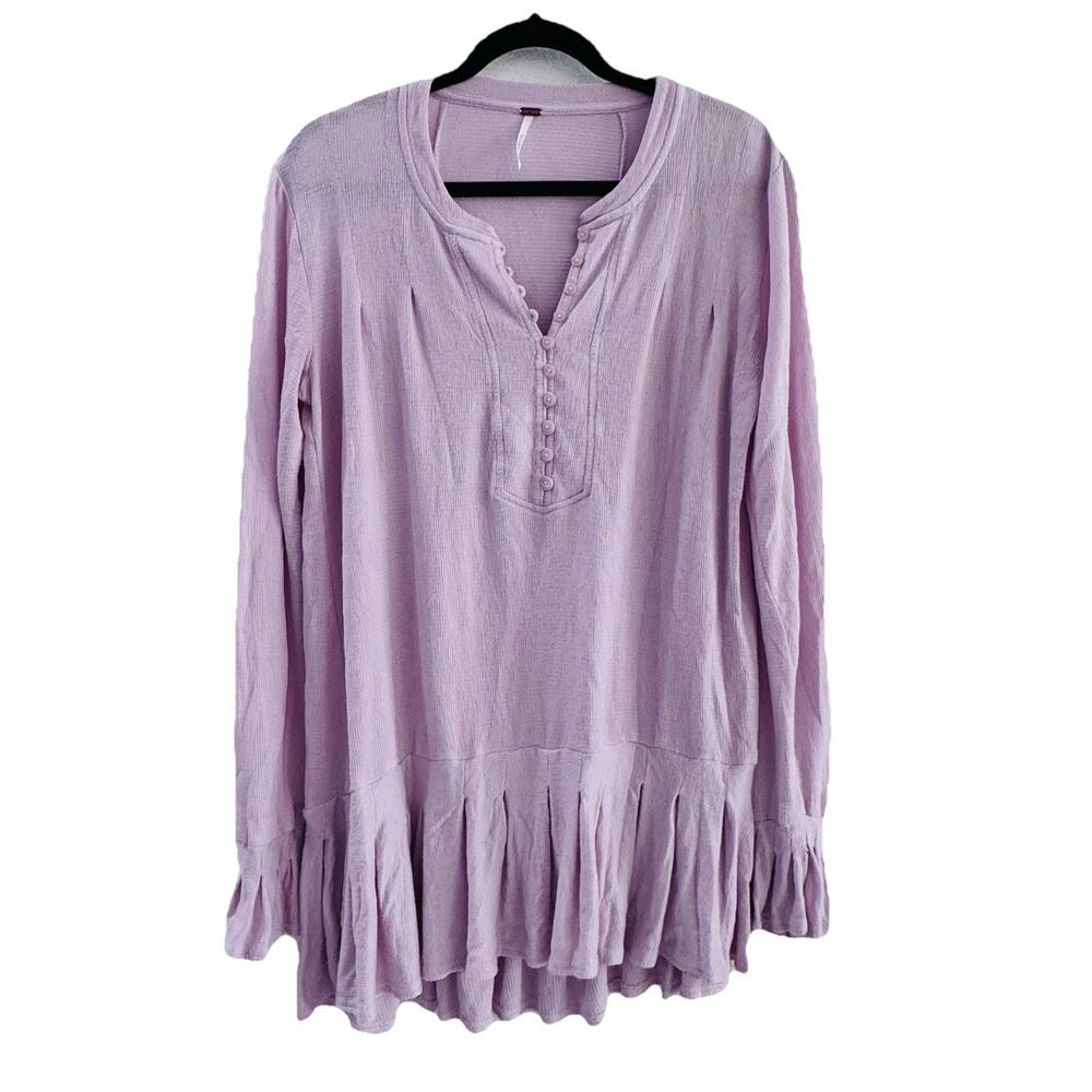 Free People Lavender Your Girl Henley Waffle Knit Pleated Shirt Tunic M Boho